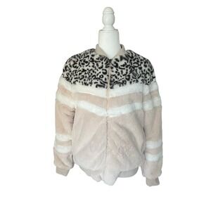 Katydid Snow Leopard Chevron Sherpa Faux Fur Jacket Pockets Size M Women's NWT